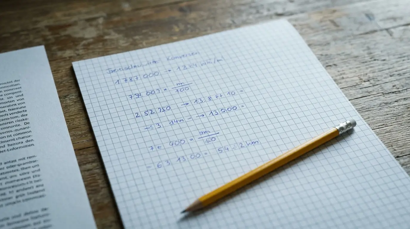 Handschriftliche Umrechnung von Rundenzahl in Spielvolumen auf kariertem Papier
