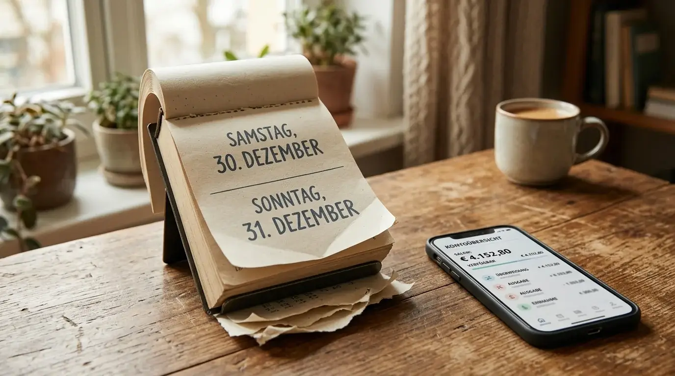 Kalenderblatt mit markiertem Fristende neben einem Smartphone mit Kontoübersicht