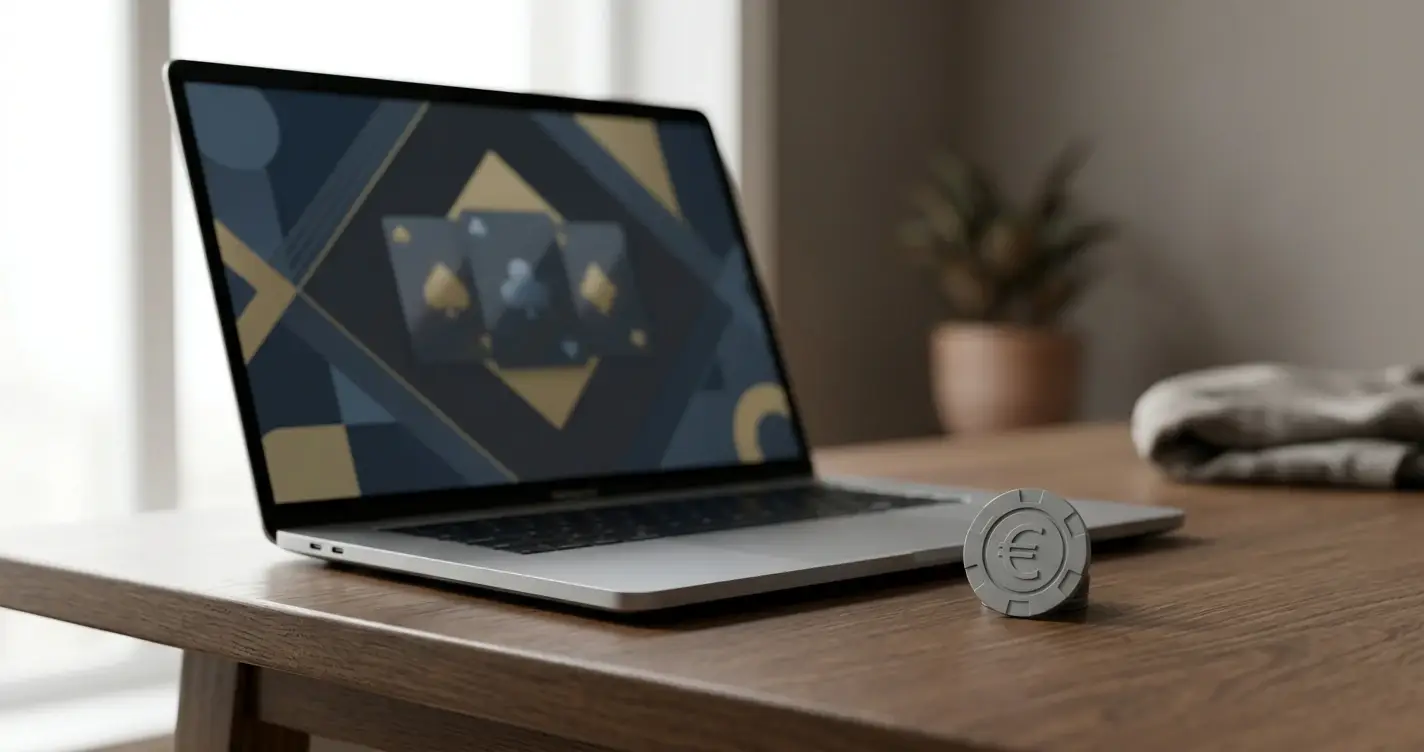 Spielchip mit Euro-Zeichen neben Laptop mit Casino-Startseite für den kleinen Einstieg