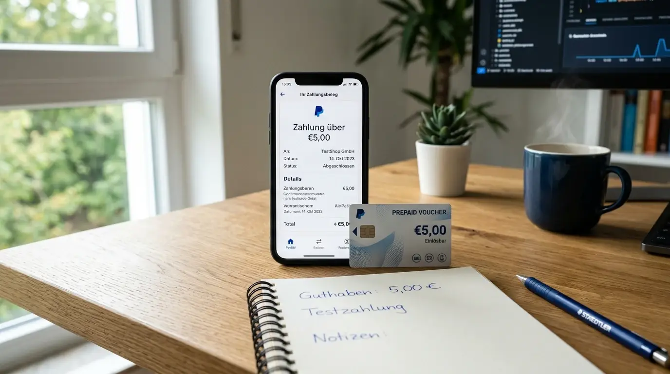 Hand hält ein 5-Euro-Paysafecard-Voucher vor Laptop mit Casino-Anmeldebildschirm