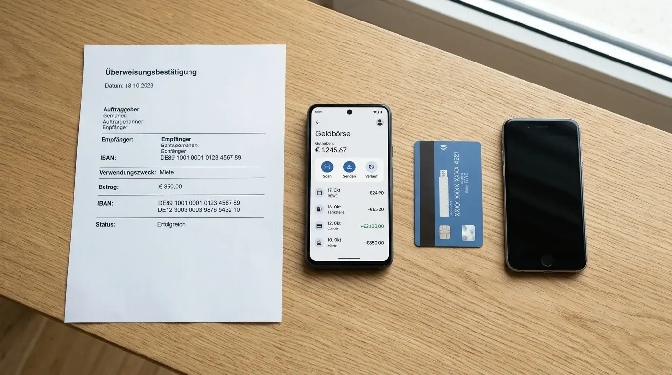 Ordentliche Übersicht mit neutralen Symbolen für Überweisung, Wallet, Karte und Mobilgerät