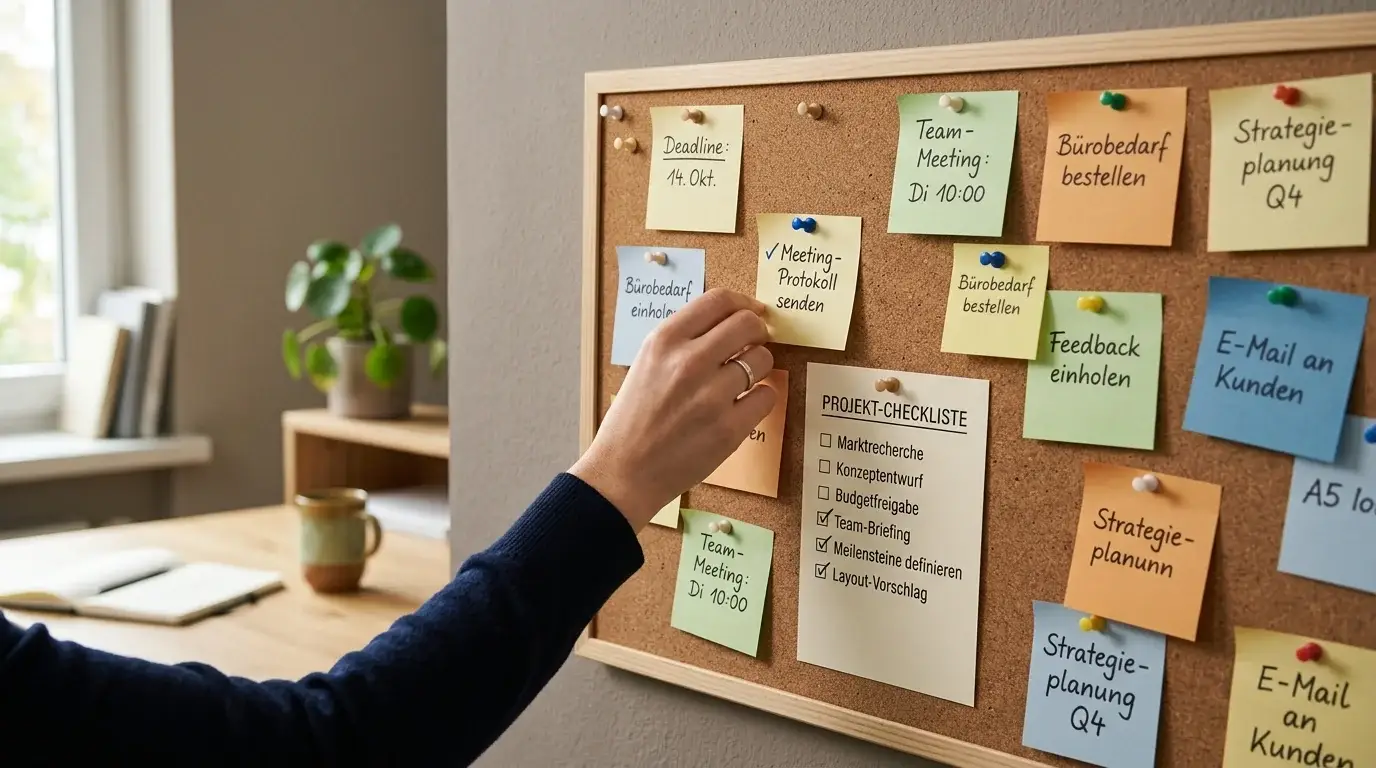 Planungsboard mit Notizen zur Auswahl eines seriösen Anbieters