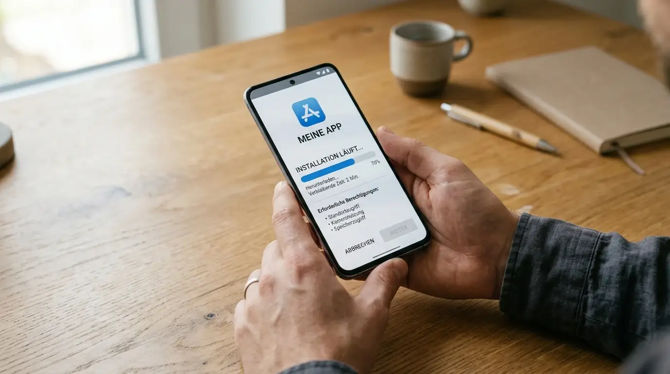 Person hält Smartphone mit neutraler App-Installationsseite, Android-Gerät auf Holztisch