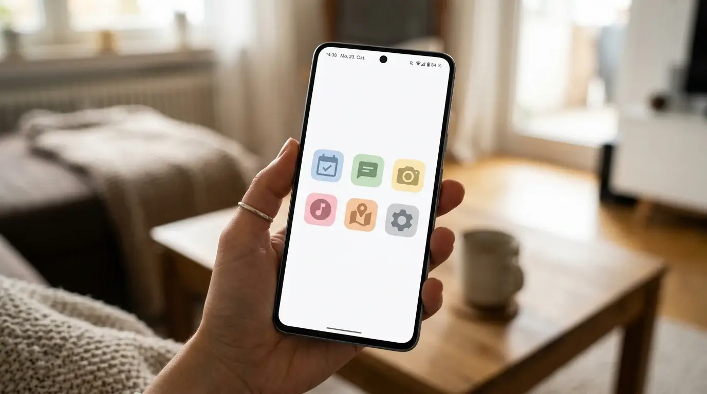 Sechs verschiedene App-Icons auf Smartphone-Bildschirm ohne erkennbare Markenlogos