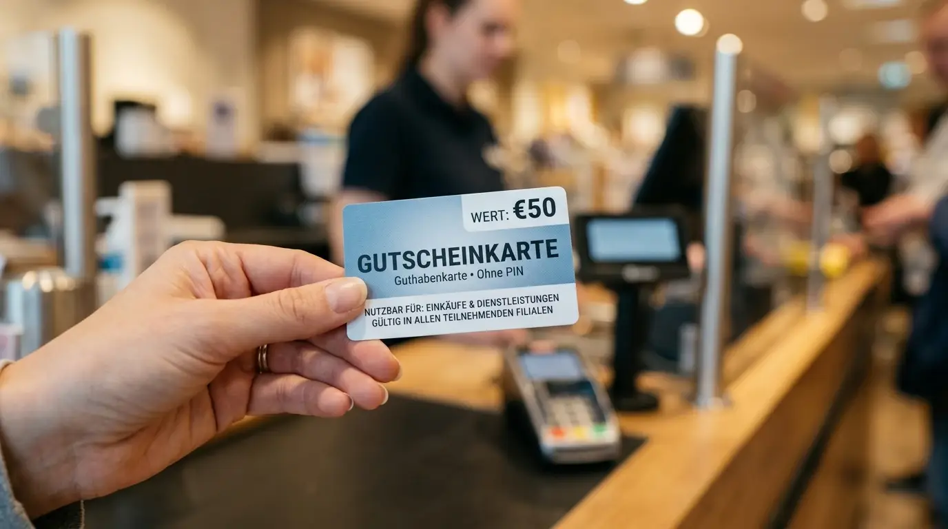 Hand hält Prepaid-Gutschein vor Verkaufsstelle ohne sichtbares Branding