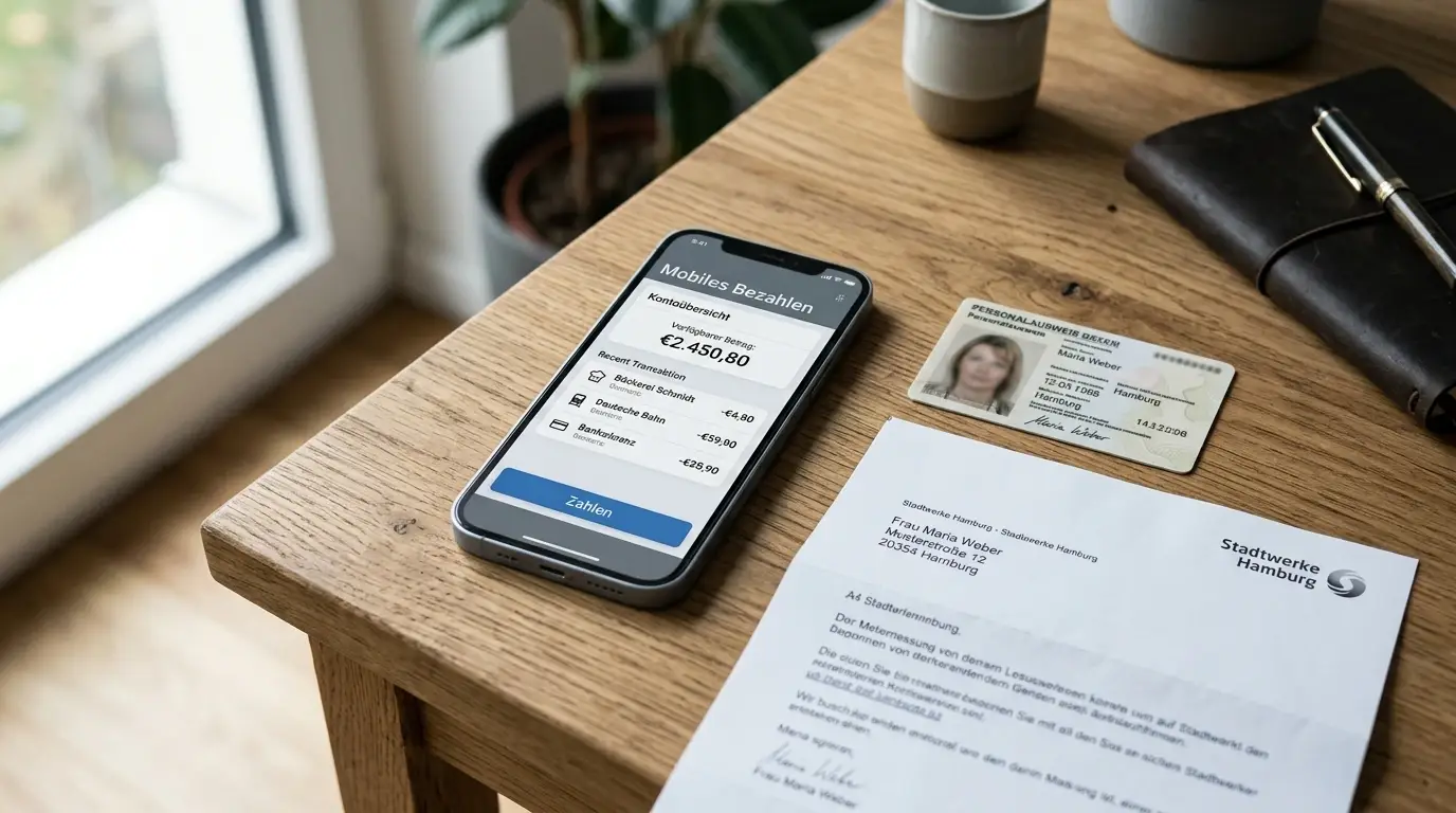 Smartphone mit neutraler Zahlungs-App neben Ausweisdokumenten für die Verifizierung