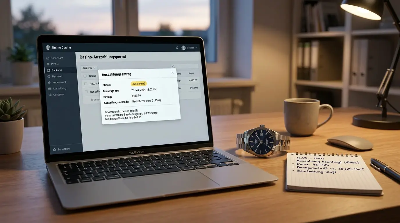 Laptop mit Auszahlungsantrag und Uhr im Vordergrund