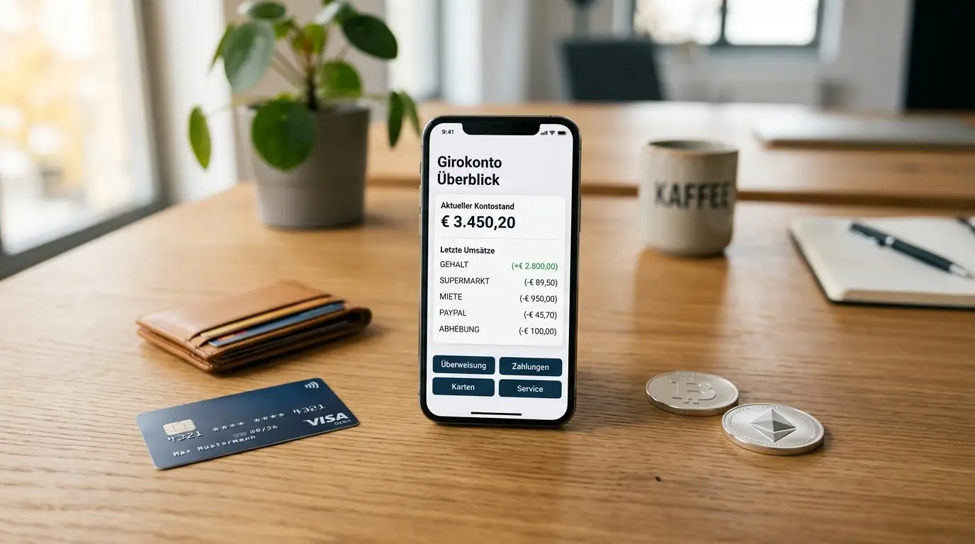 Smartphone mit Banking-App und verschiedene Zahlungsmethoden-Icons ohne Markenlogos