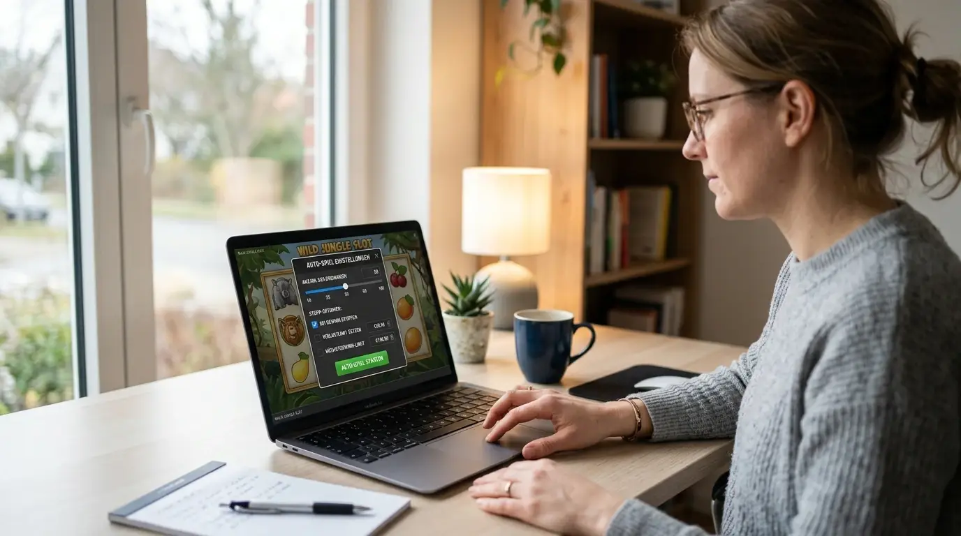 Person an aufgeräumtem Schreibtisch konfiguriert Autoplay-Einstellungen auf Laptop-Bildschirm mit neutralem Slot-Interface
