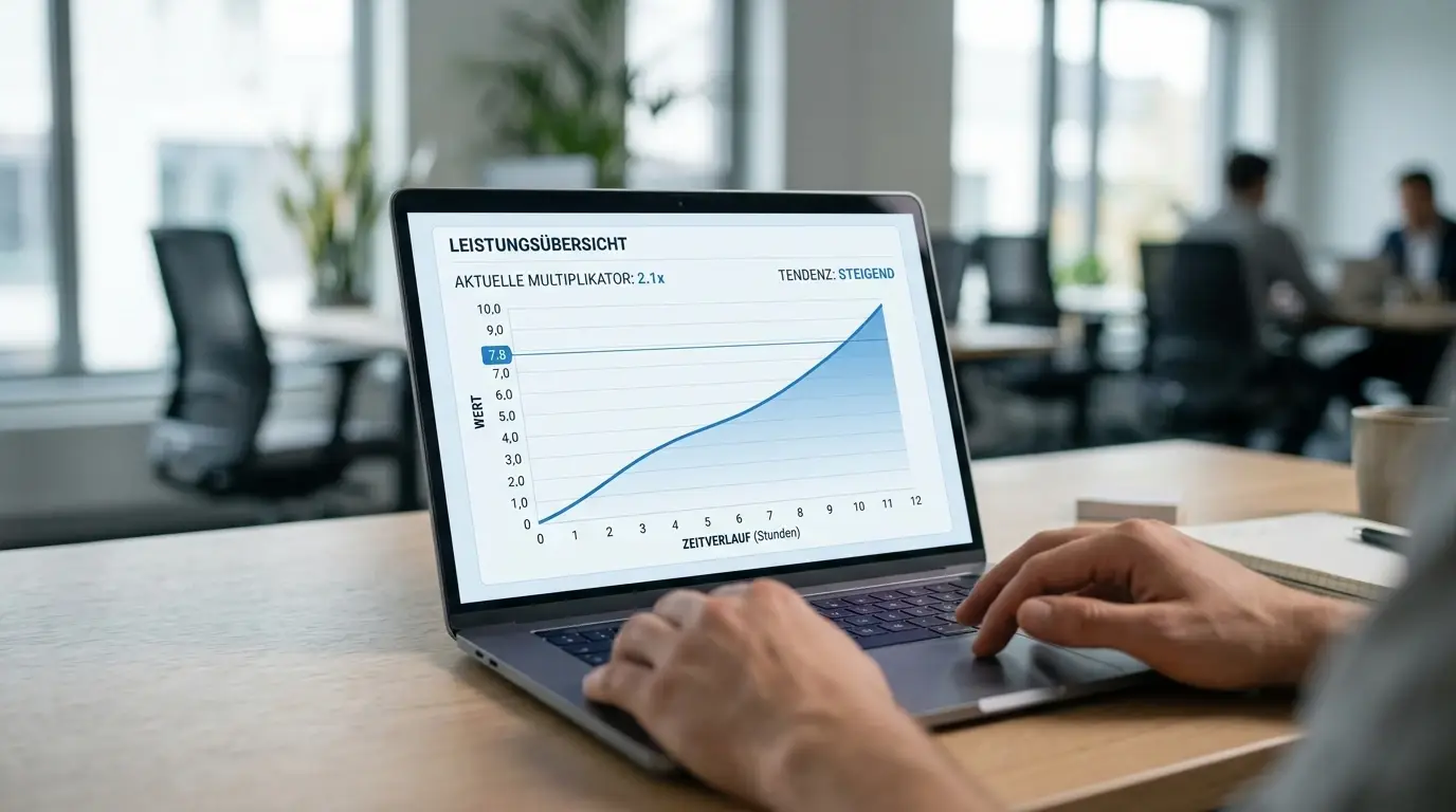 Laptop-Bildschirm zeigt Aviator-Interface mit steigendem Multiplikator