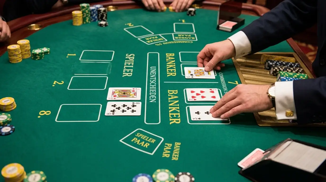 Baccarat-Tisch von oben mit Spieler- und Banker-Kartenpositionen