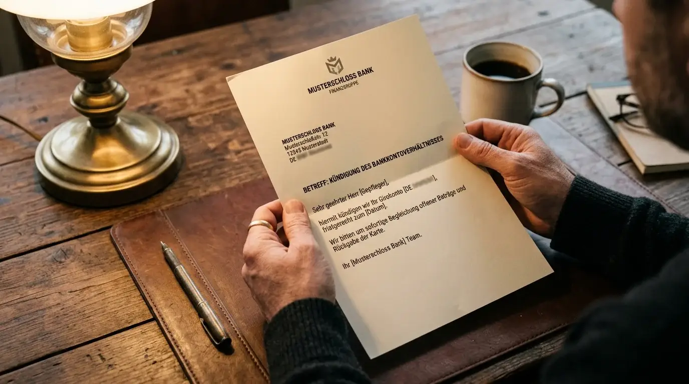 Formeller Kündigungsbrief einer Bank auf Schreibtisch