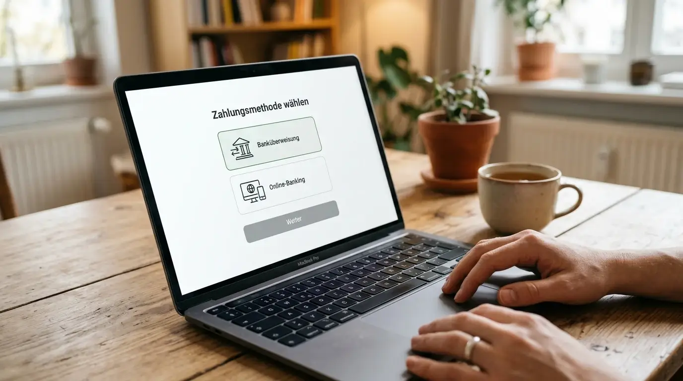 Laptop mit neutralen Symbolen für Banküberweisung und Onlinebanking ohne Markenlogos