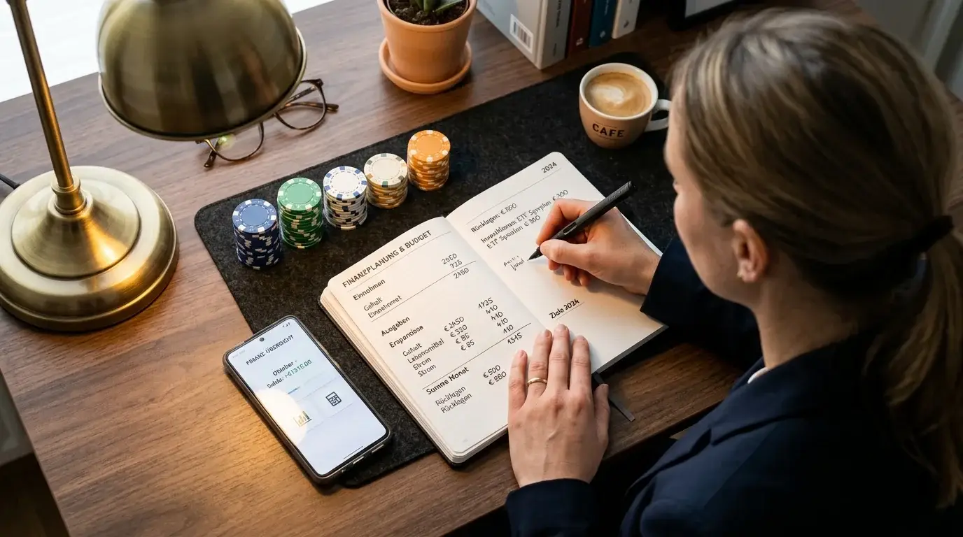Notizbuch mit Bankroll-Notizen und abstrakten Spielchips auf Schreibtisch