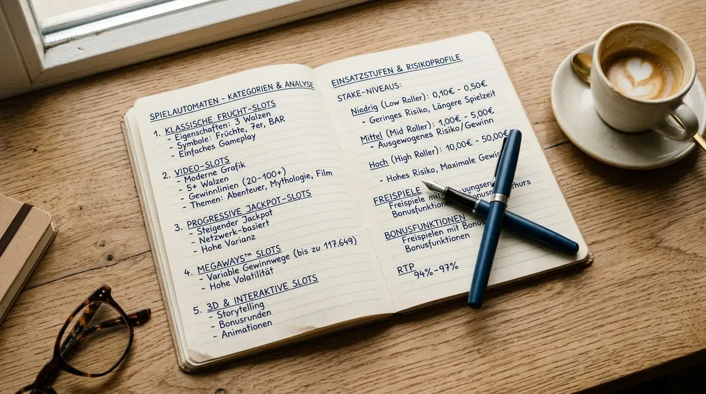 Notizbuch mit handschriftlichen Notizen zu Spielautomaten-Titeln und Einsatzstufen