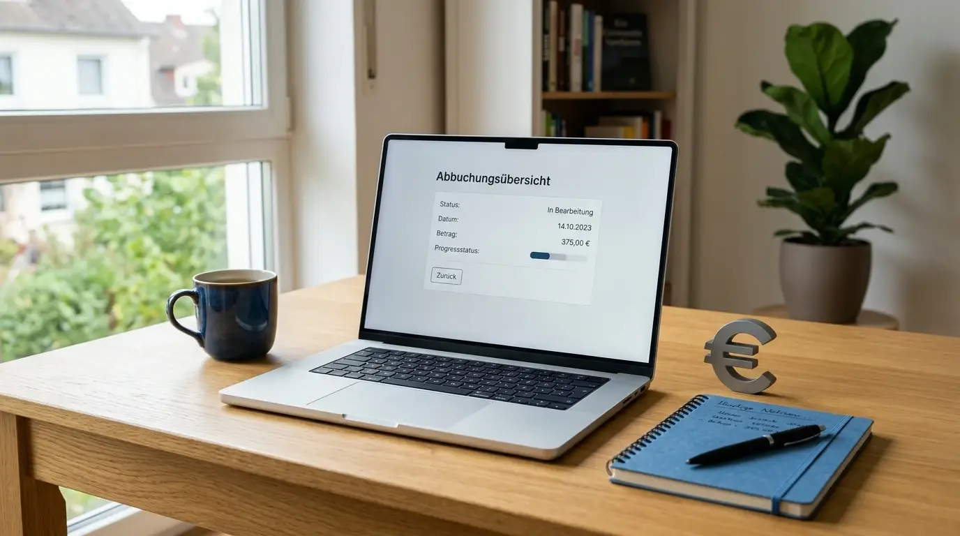 Schreibtisch mit Laptop und neutraler Auszahlungstabelle