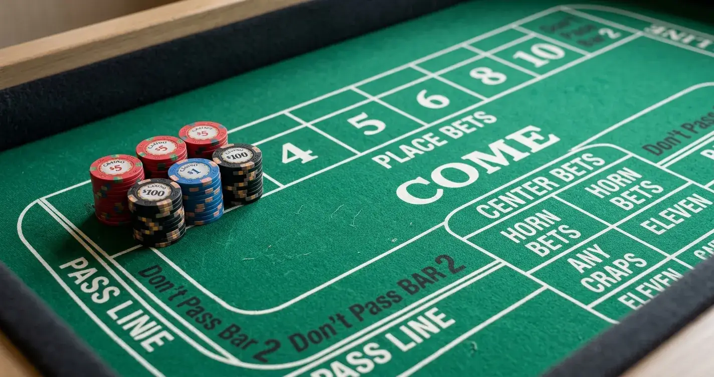 Craps-Würfel und Chips auf neutralem grünen Filztisch ohne Logos oder echte Geldscheine