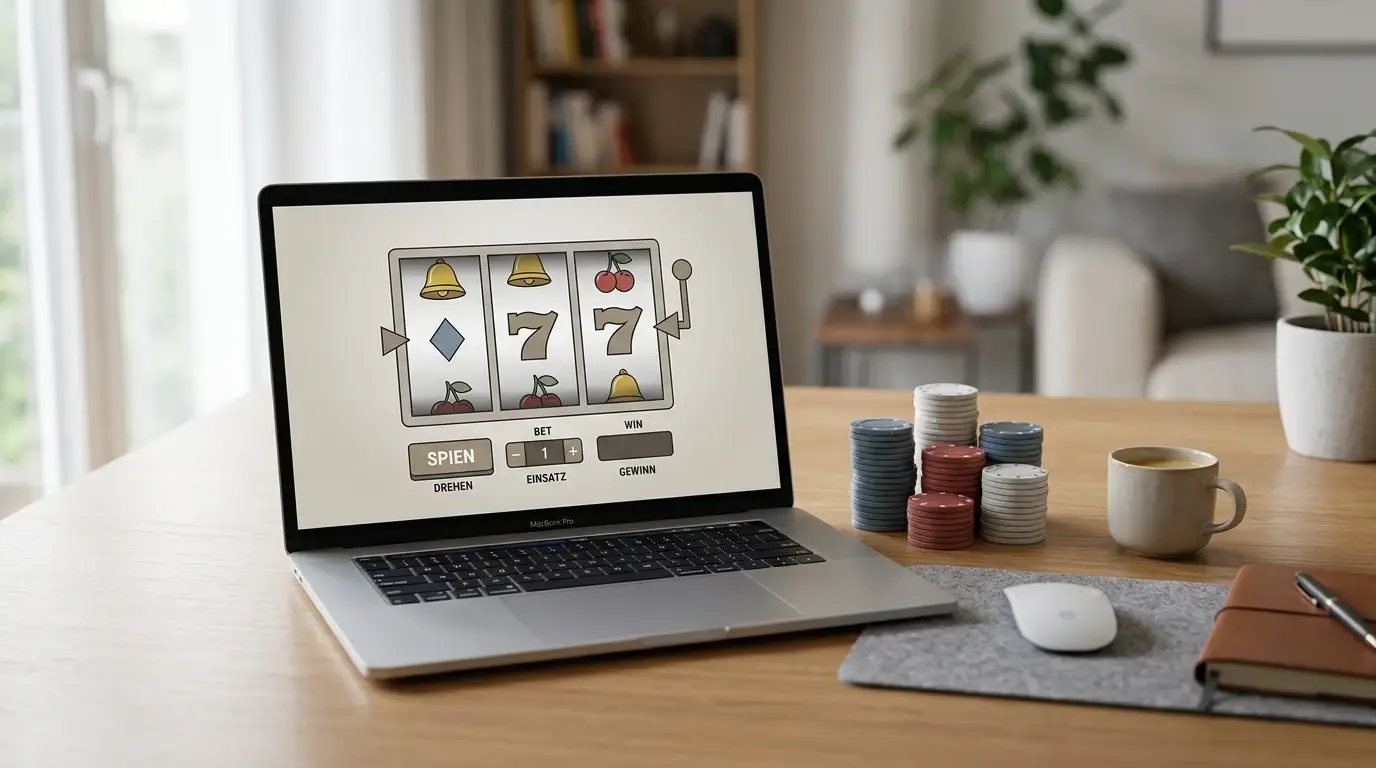 Moderner Schreibtisch mit Laptop und neutraler Slot-Spiel-Oberfläche, daneben generische Spielchips ohne Aufschrift