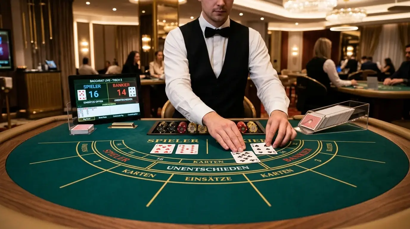 Live Baccarat Tisch mit professionellem Dealer und Kartenlayout