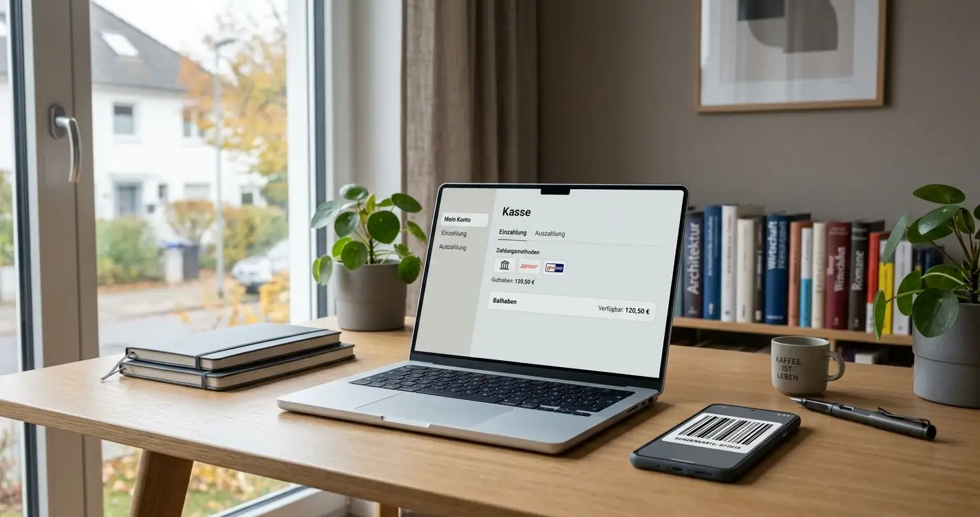 CashtoCode-Einzahlung am Laptop und neutraler Barcode auf dem Smartphone
