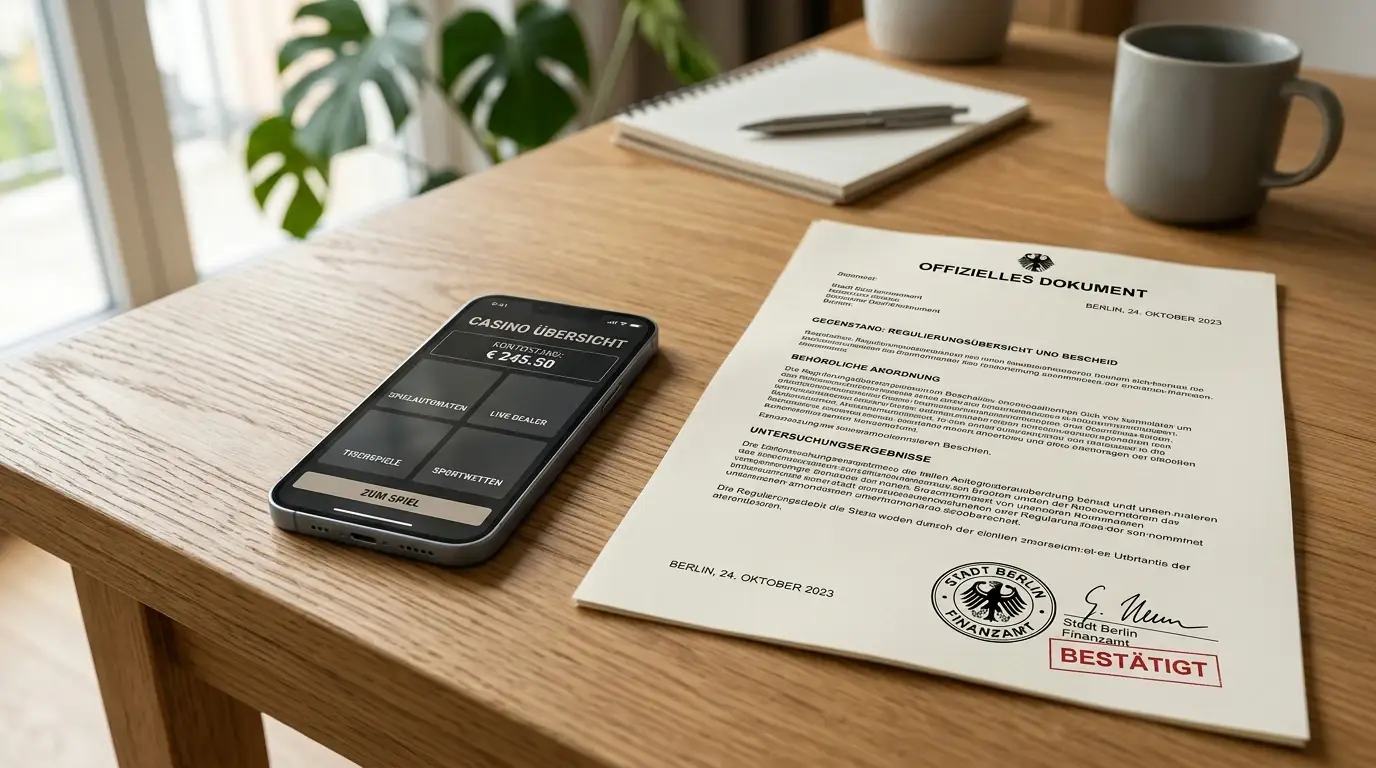 Smartphone mit geöffneter Casino-App und GGL-Whitelist-Dokument auf dem Schreibtisch