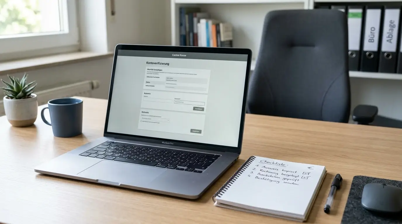 Laptop mit neutraler Online-Casino-Kasse und Giropay-Prüfnotizen