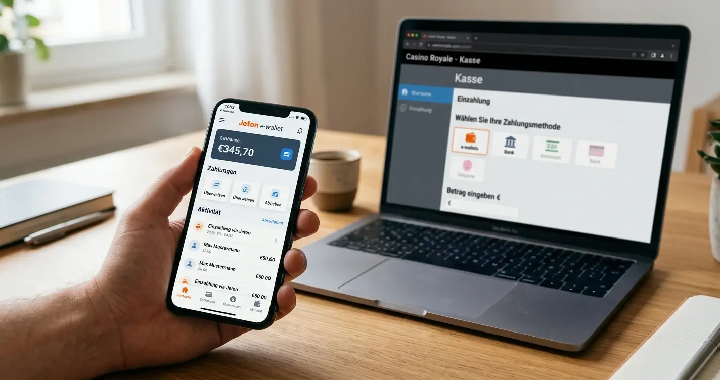 Jeton E-Wallet auf Smartphone-Display mit Casino-Kassenbereich im Hintergrund