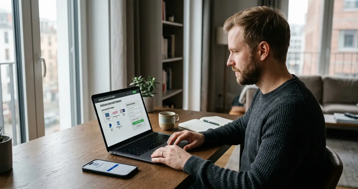 Prüfung eines deutschen Online-Casinos mit Kreditkarte am Laptop