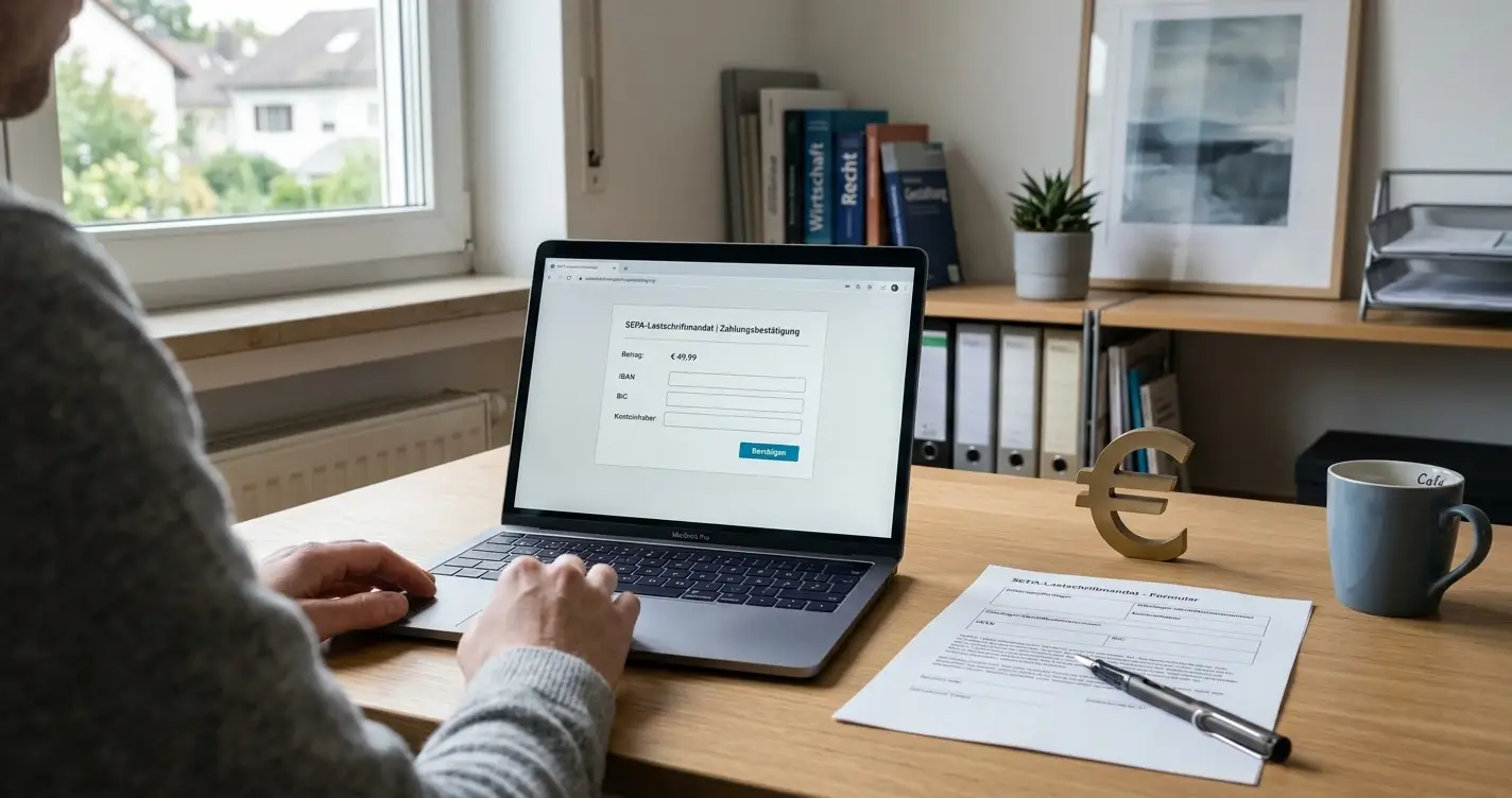 Lastschrift im deutschen Online-Casino mit neutralem Laptop und SEPA-Dokument
