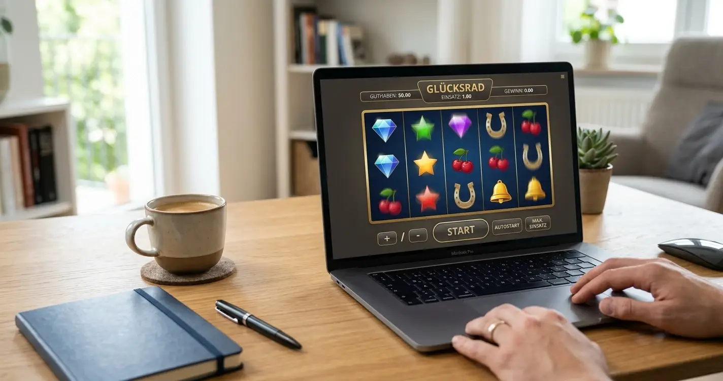 Moderne Laptop-Ansicht mit Online-Spielautomaten auf dem Bildschirm