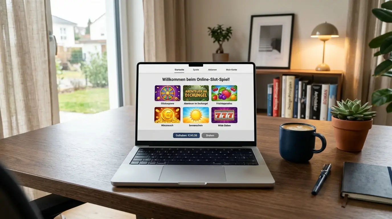 Laptop auf aufgeräumtem Schreibtisch mit neutraler Casino-Portal-Oberfläche und generischen Slot-Symbolen, keine Markennamen sichtbar
