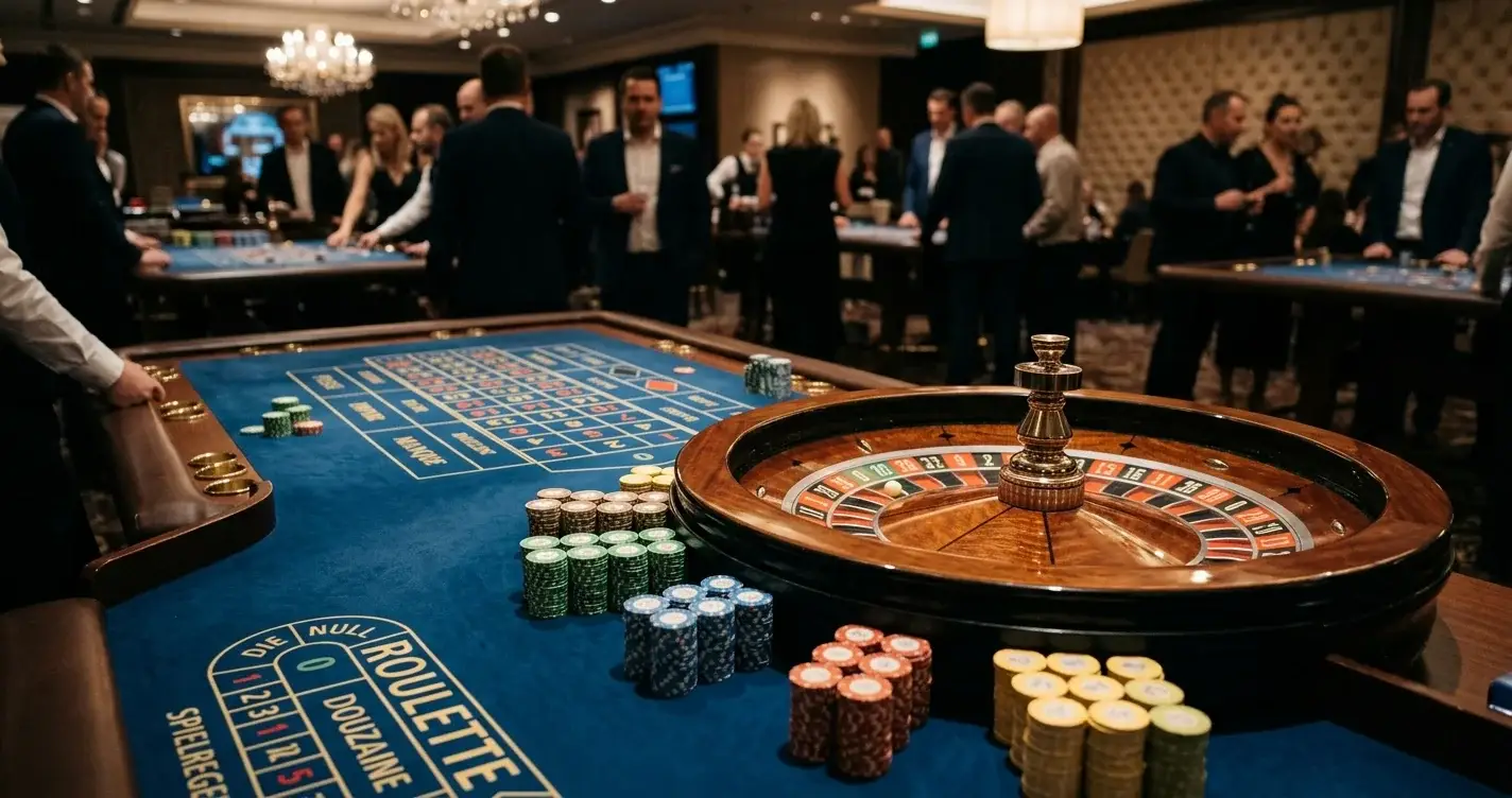 Live-Casino-Stimmung mit Roulettekessel und Chips auf dunklem Filz