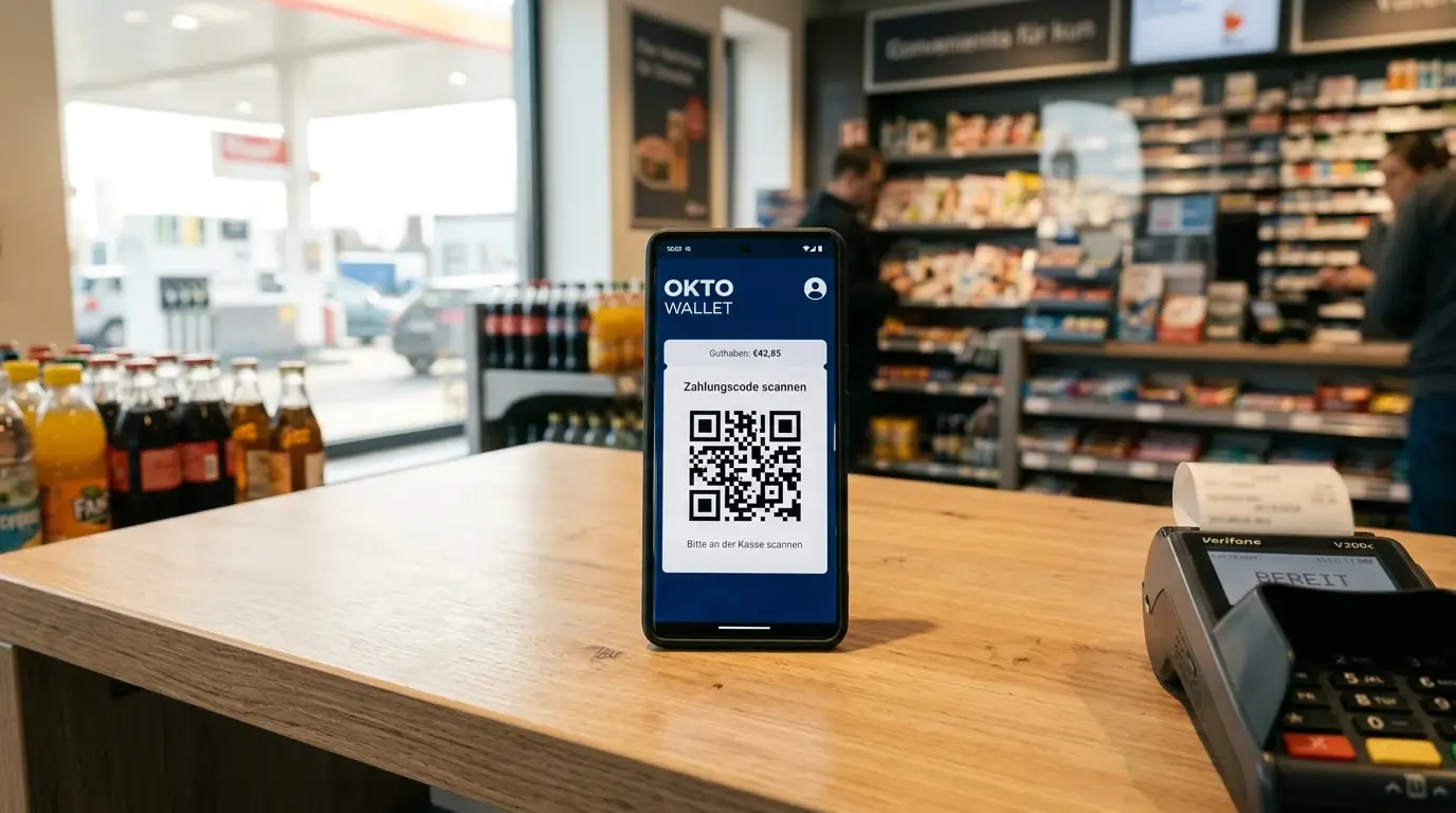 Smartphone mit OKTO Wallet App und Barcode an einer Tankstelle