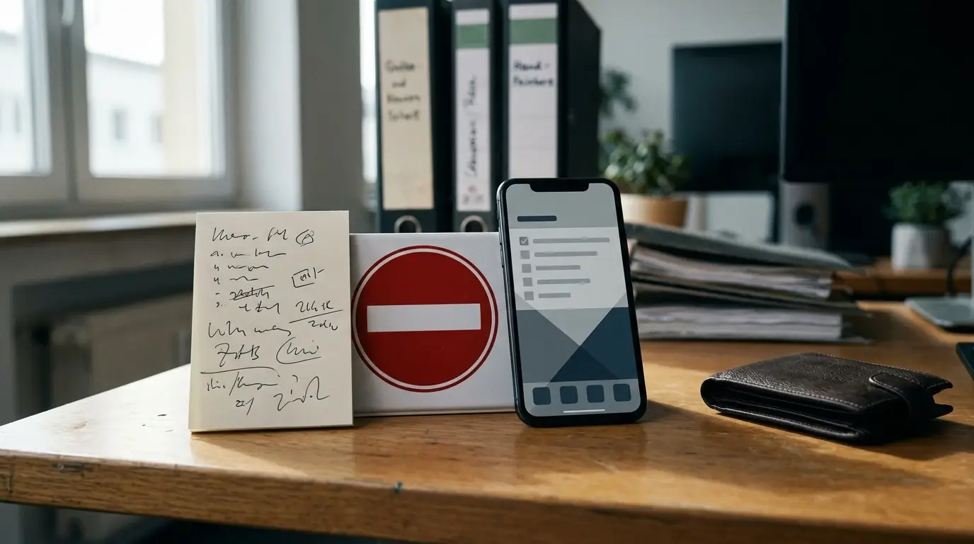 Gesperrtes Zugangsschild neben neutralem Smartphone und Wallet-Notiz