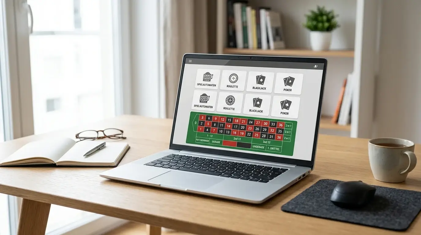 Neutrale Krypto-Casino-Spiele auf einem Laptop ohne Logos oder erkennbare Marken