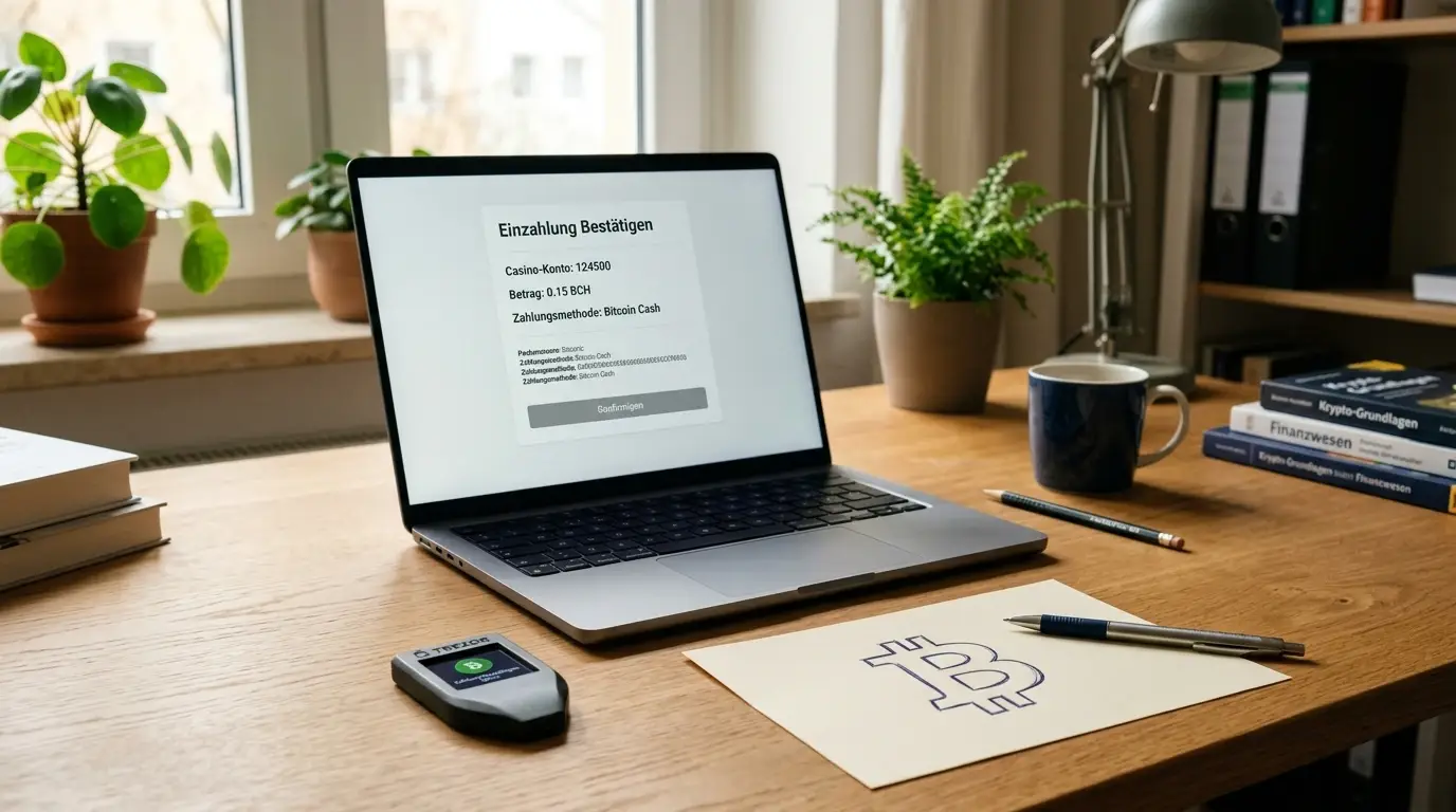 Bitcoin-Cash-Casino mit Wallet und neutralem Laptop auf einem deutschen Schreibtisch