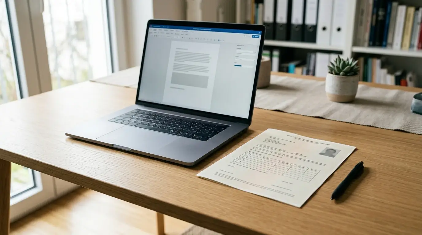 Neutrales Dokument zur Glücksspielerlaubnis neben einem Laptop ohne Markenkennzeichen