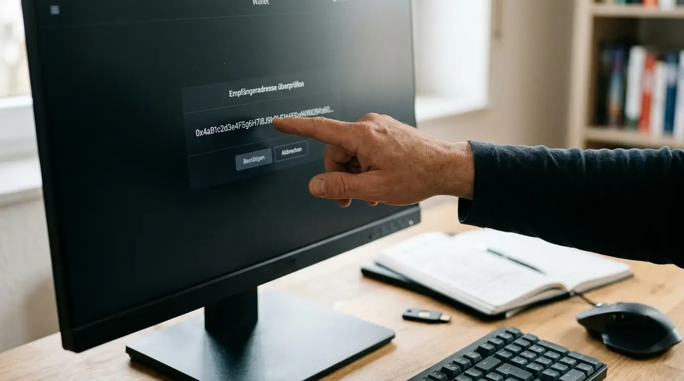 Person prüft eine Bitcoin Cash-Transaktion und Netzwerkadresse auf einem neutralen Monitor