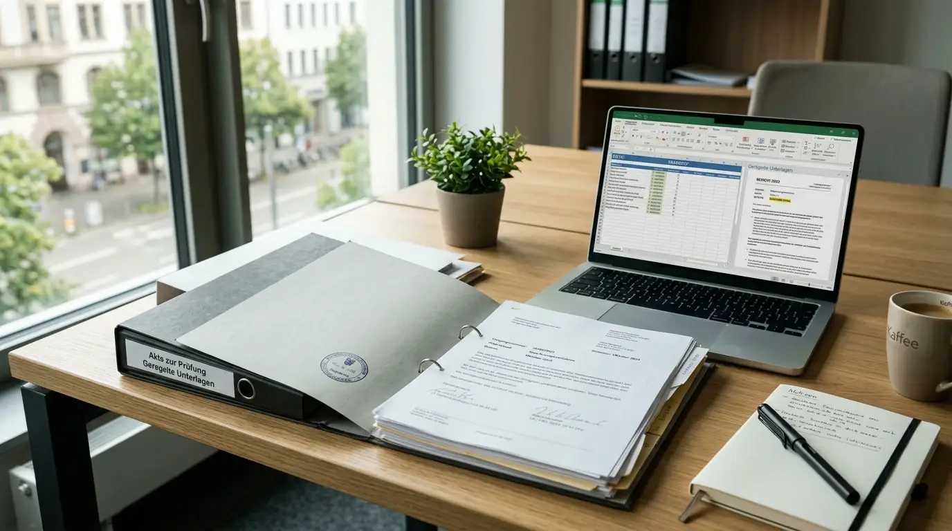 Neutraler deutscher Regulierungsordner neben einem Laptop