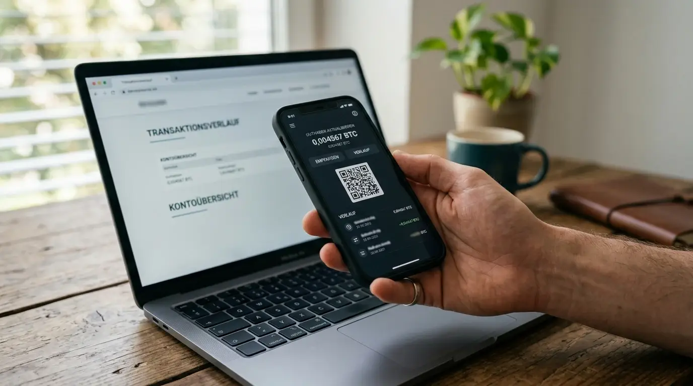 Bitcoin-Wallet mit QR-Code und neutralem Zahlungsfenster