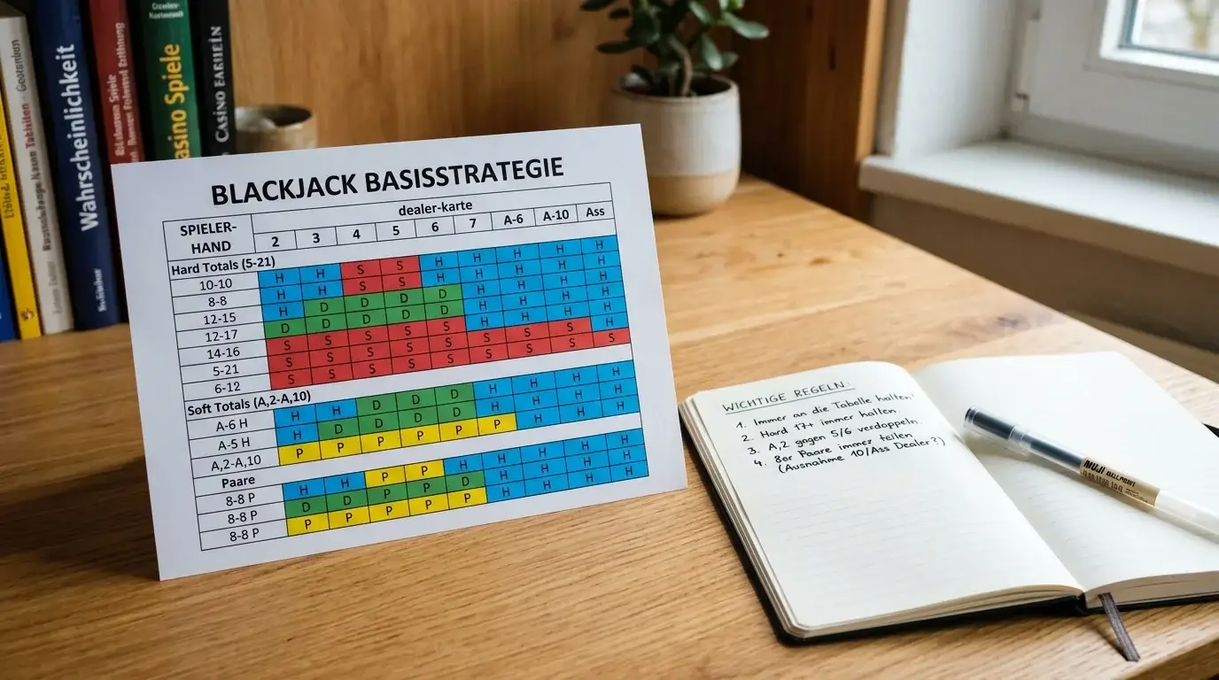 Strategiekarte für Blackjack Basic Strategy auf Schreibtisch mit Notizen