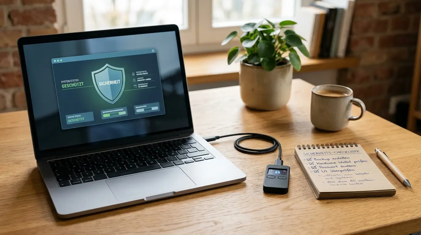 Ruhiger Schreibtisch mit Zwei-Faktor-Schutz und separater Wallet-Notiz