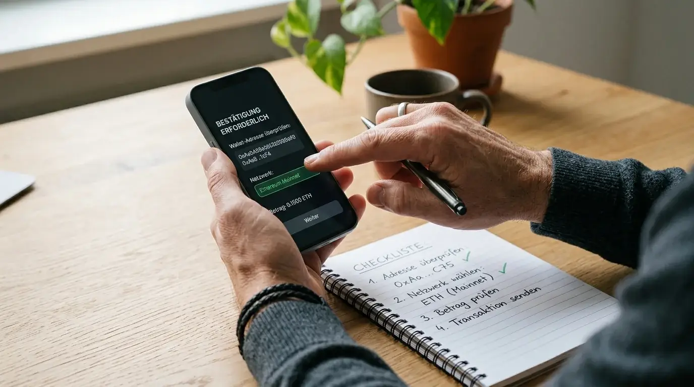 Person prüft Wallet-Adresse und Netzwerk vor einer Krypto-Transaktion