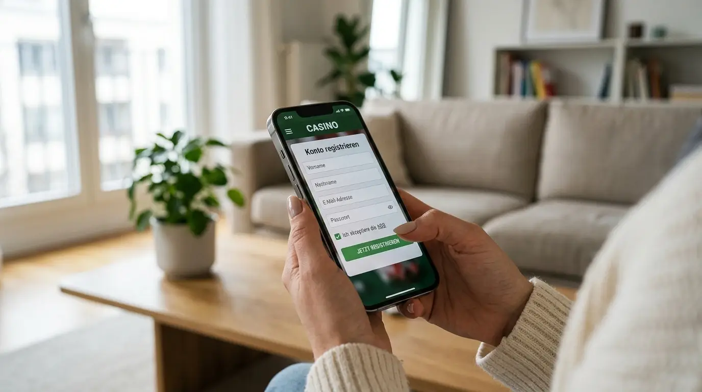 Hand hält Smartphone mit Casino-App, Registrierungsformular auf Display sichtbar, moderner Wohnraum im Hintergrund, natürliches Licht