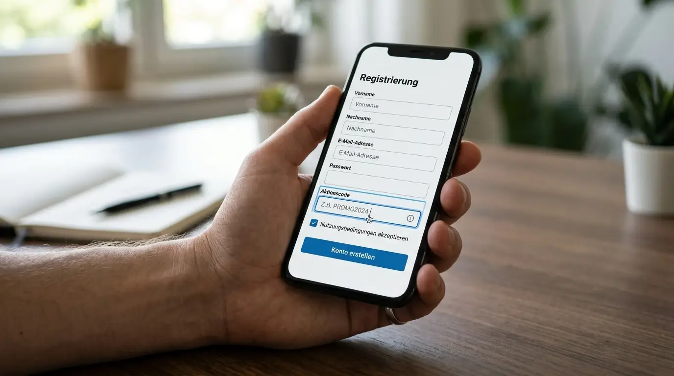 Smartphone mit Casino-Registrierungsformular und hervorgehobenem Bonuscode-Feld