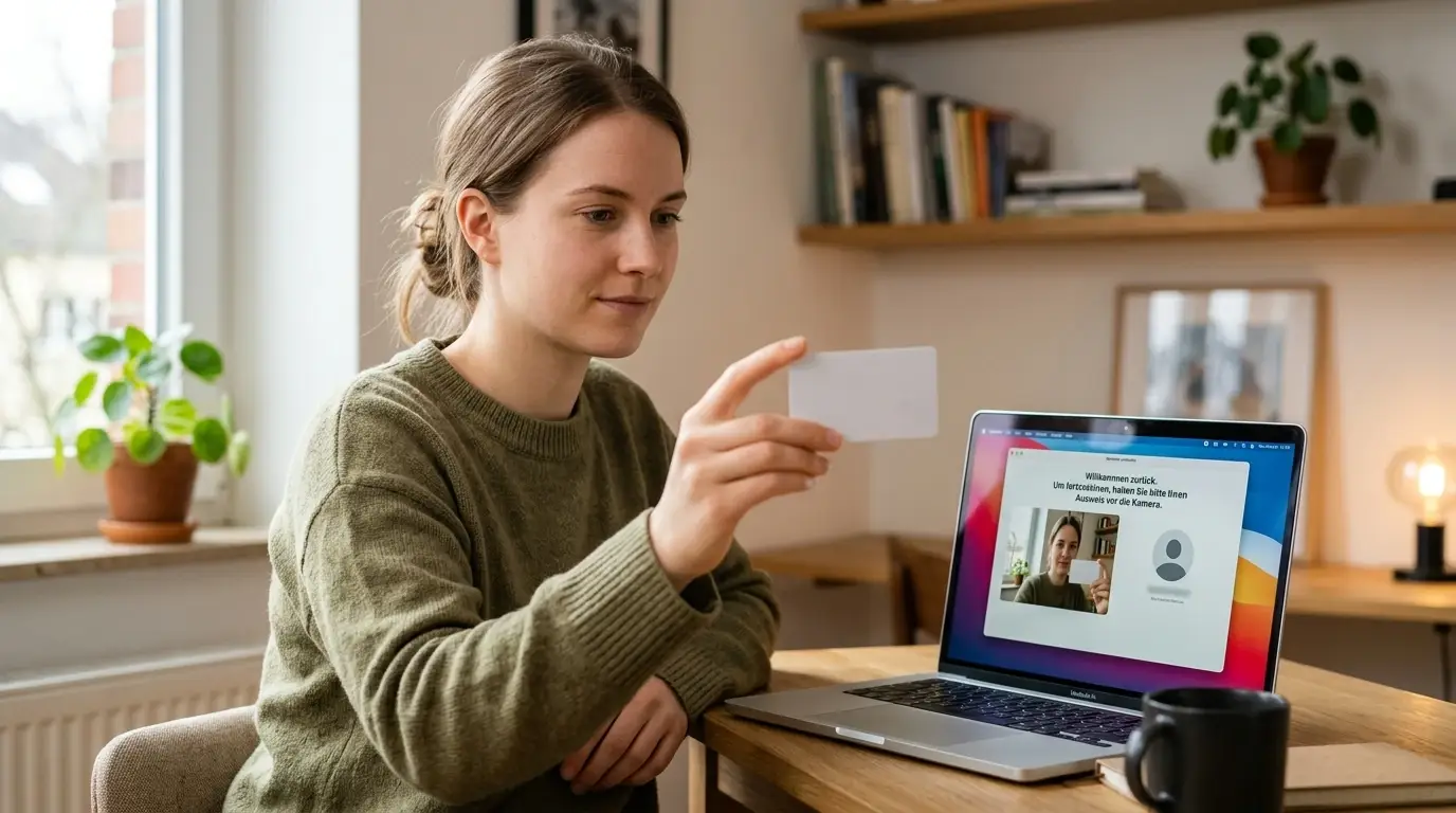 Person hält Ausweis vor Webcam zur Kontoverifizierung am Laptop