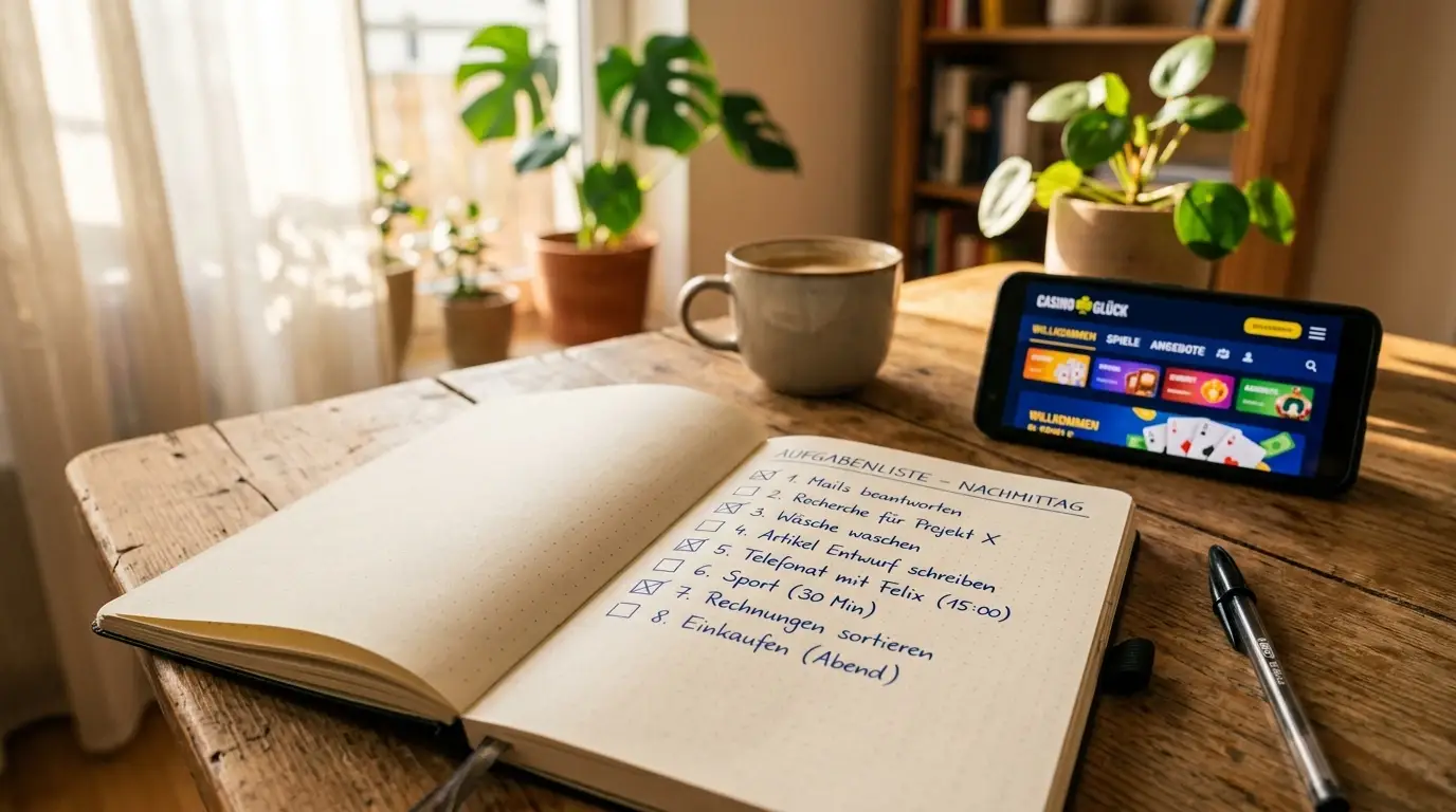 Geöffnetes Notizbuch mit handgeschriebener Checkliste auf Holztisch, Stift daneben, Smartphone zeigt Casino-Webseite, warmes Nachmittagslicht