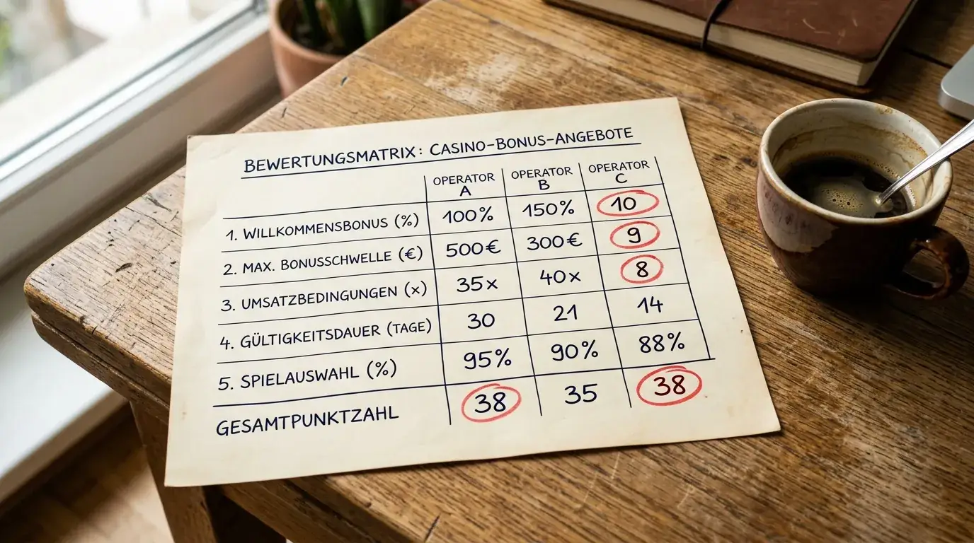 Bewertungsmatrix mit Scoring-System für drei verschiedene Casino-Bonusangebote
