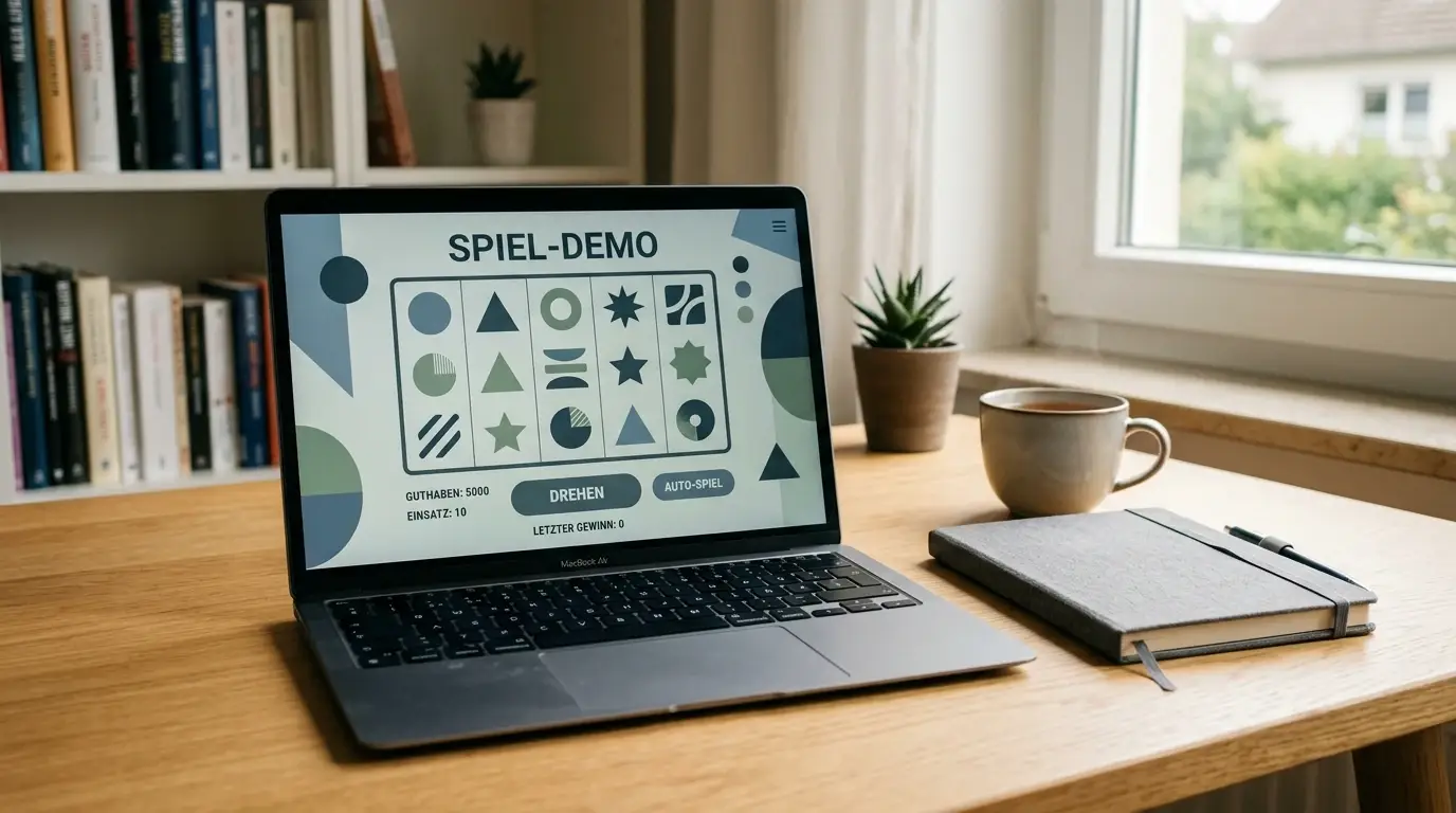 Laptop mit neutraler Demo eines Spielautomaten ohne Markenlogo
