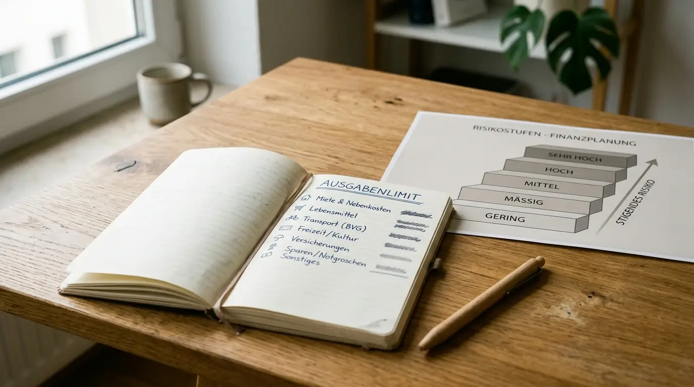 Notizbuch mit festem Spielbudget und neutraler Risikoleiter